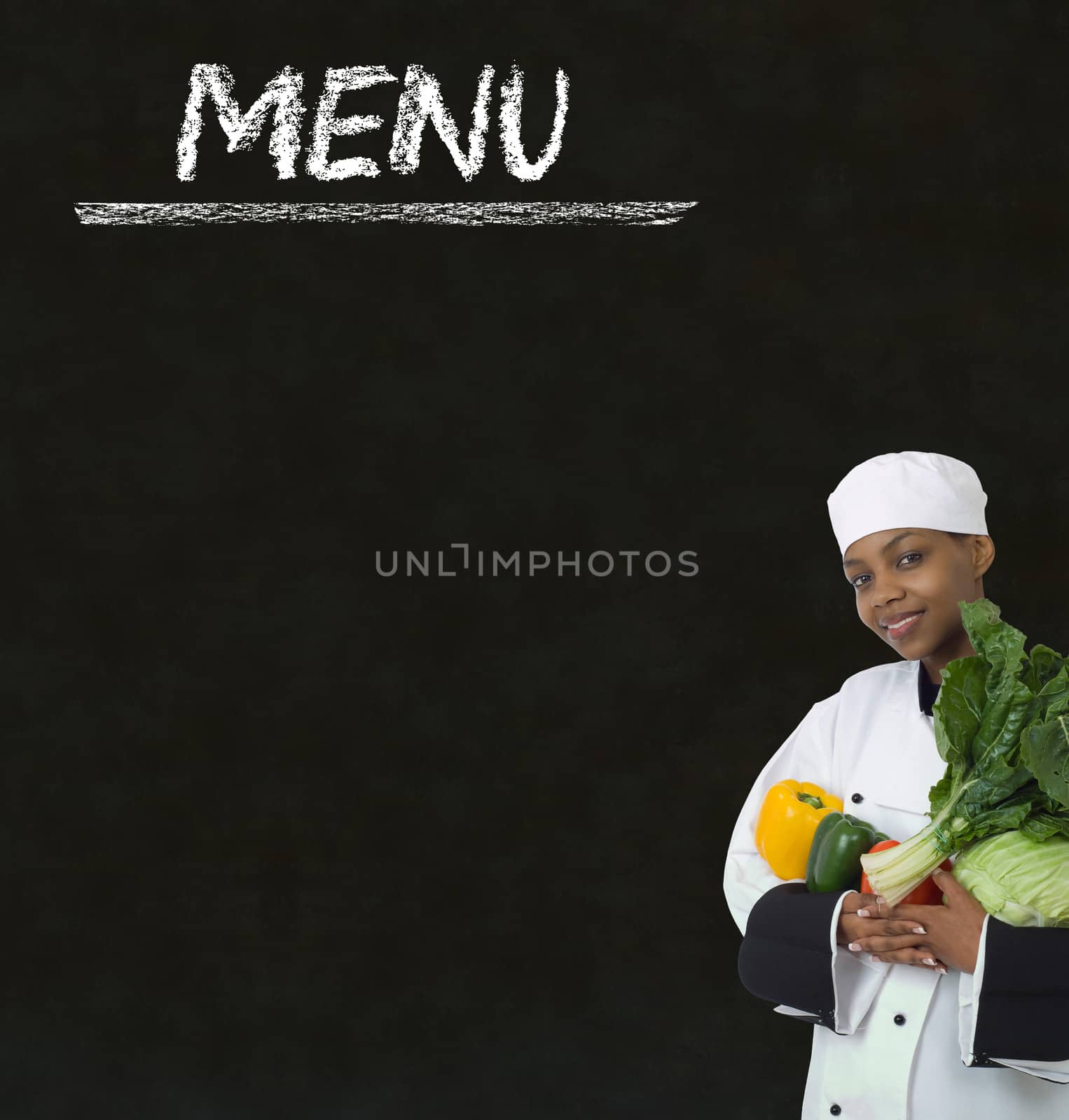 Chef with chalk menu sign on a blackboard background by alistaircotton