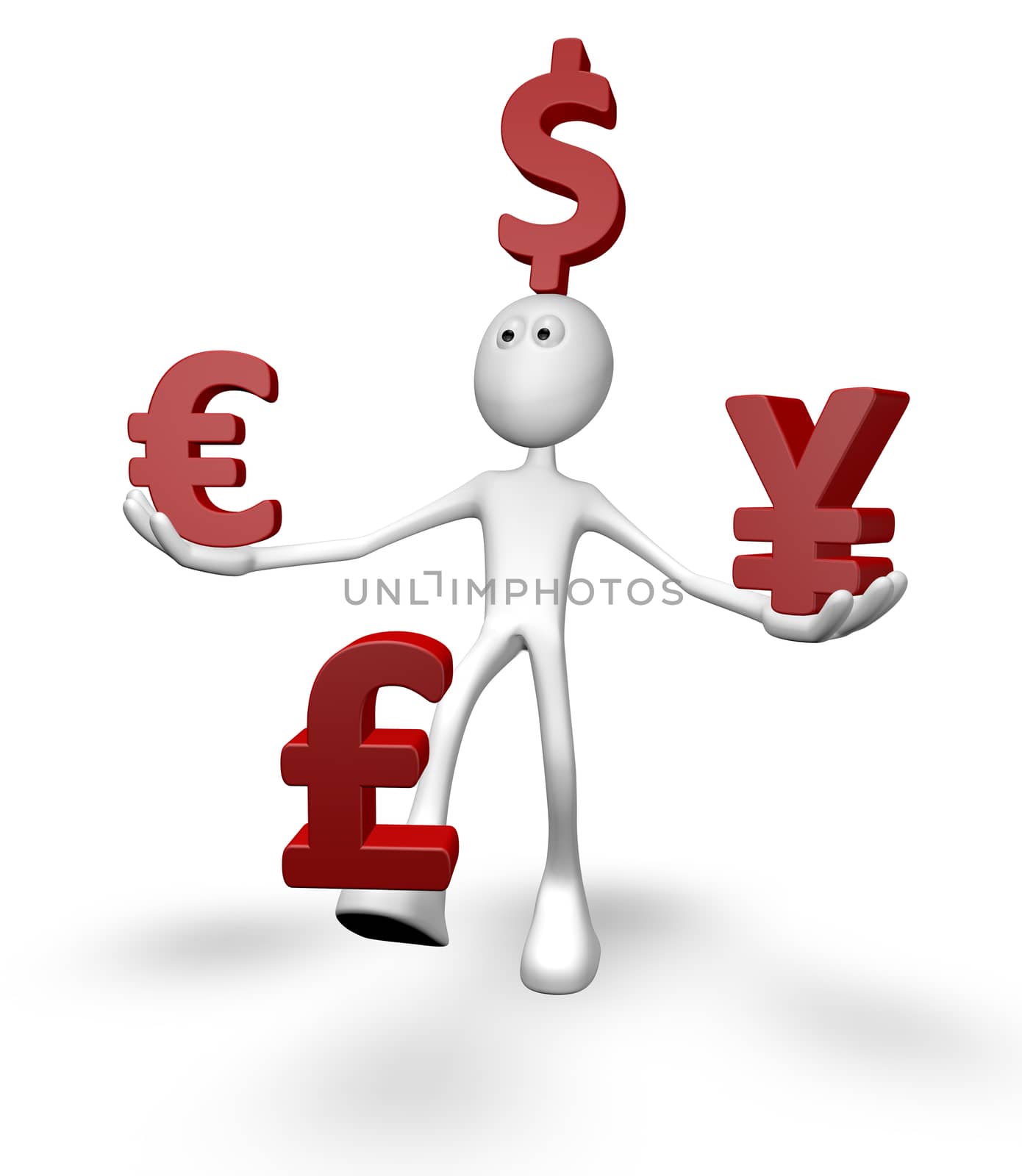 cartoon guy and currency symbols - 3d illustraion