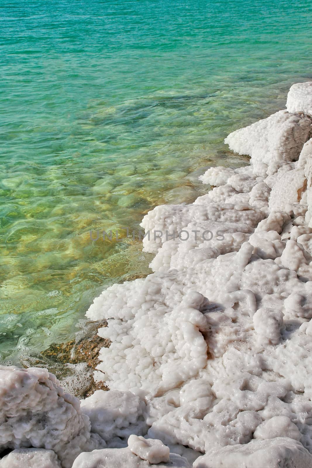 Vertical oriented image of salt formations on the Dead Sea along beautiful clear aquamarine colored water in Israel.