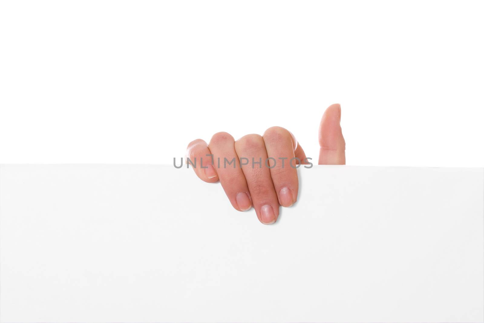 Hand holding paper isolated on white background