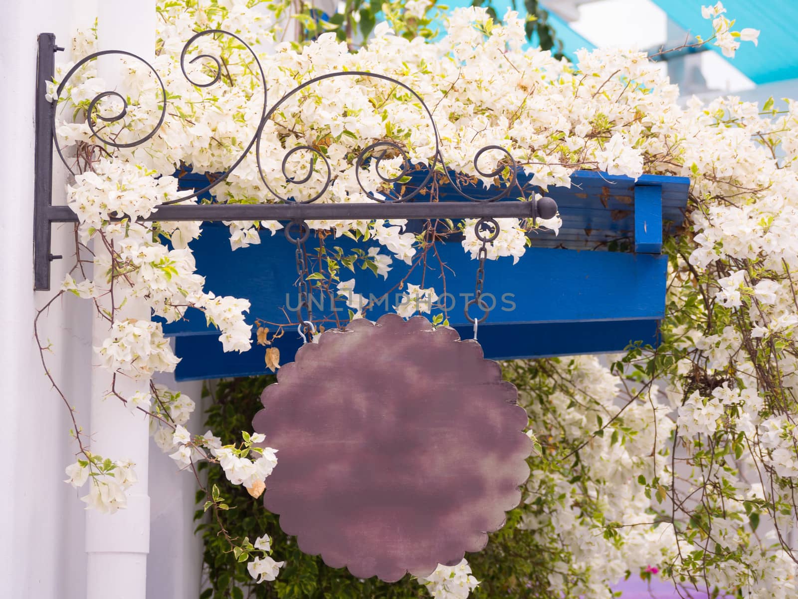 Hanging wooden Sign and white flower