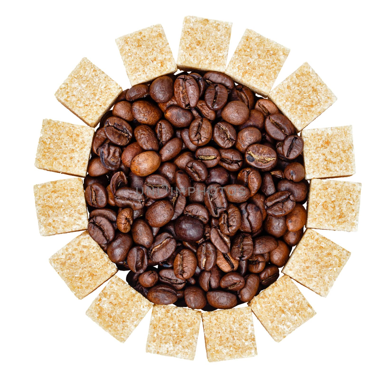 Coffee grains and refined sugar isolated on a white background, shot in studio
