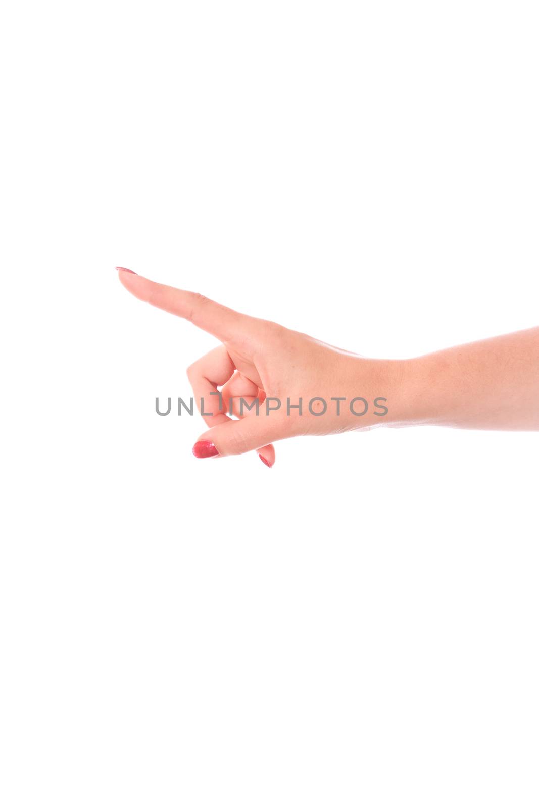 Pointing finger touching white background