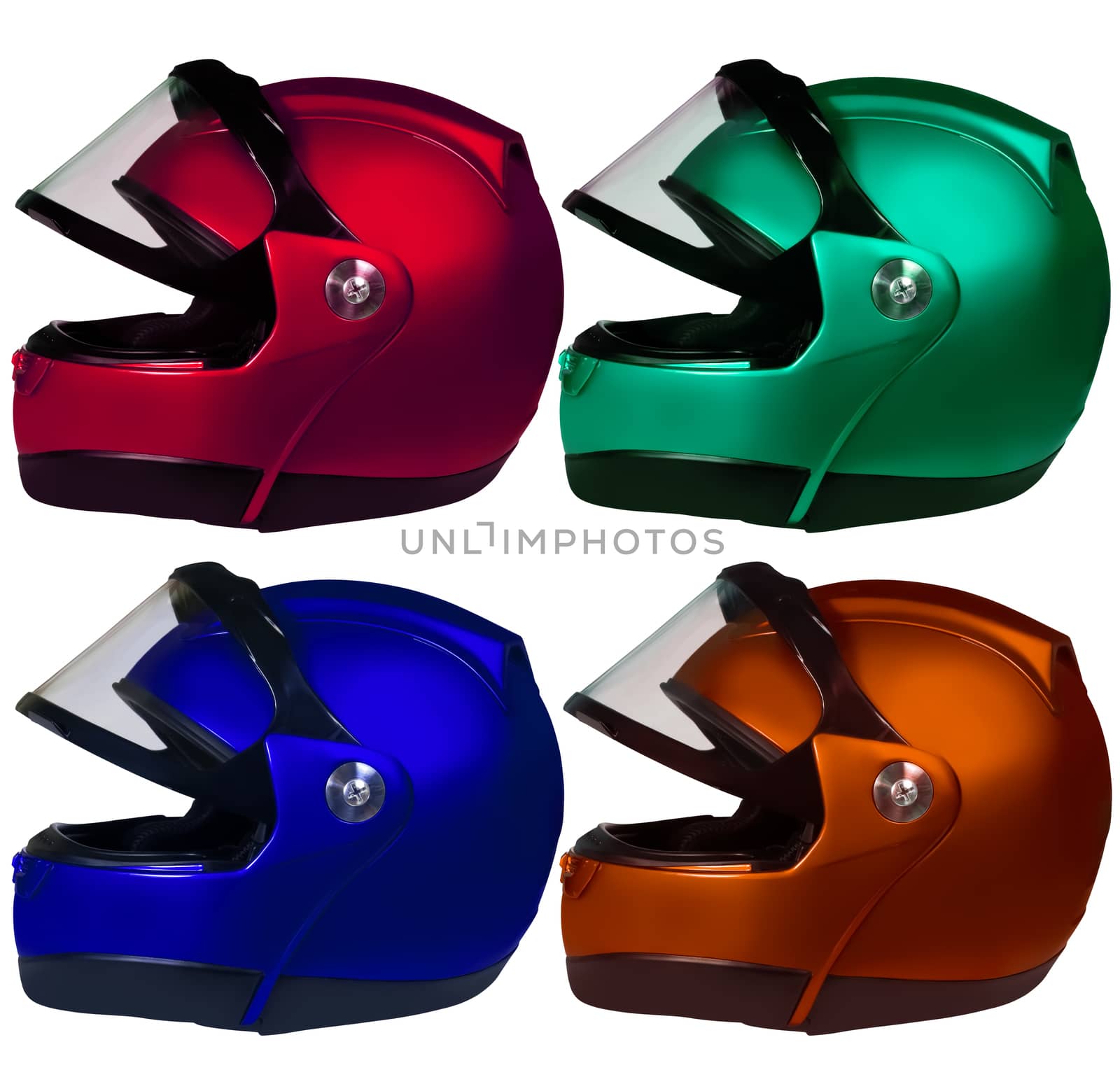 Motorcycle helmets on a white background. Collage  by AleksandrN