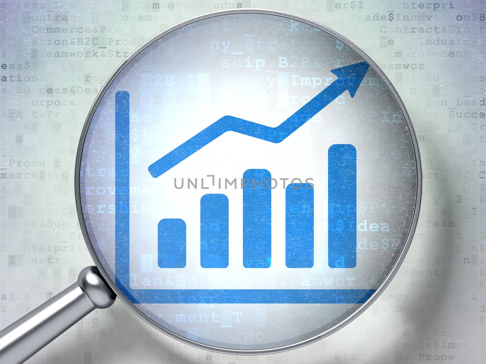 Magnifying optical glass with Growth Graph icon on digital background, 3d render