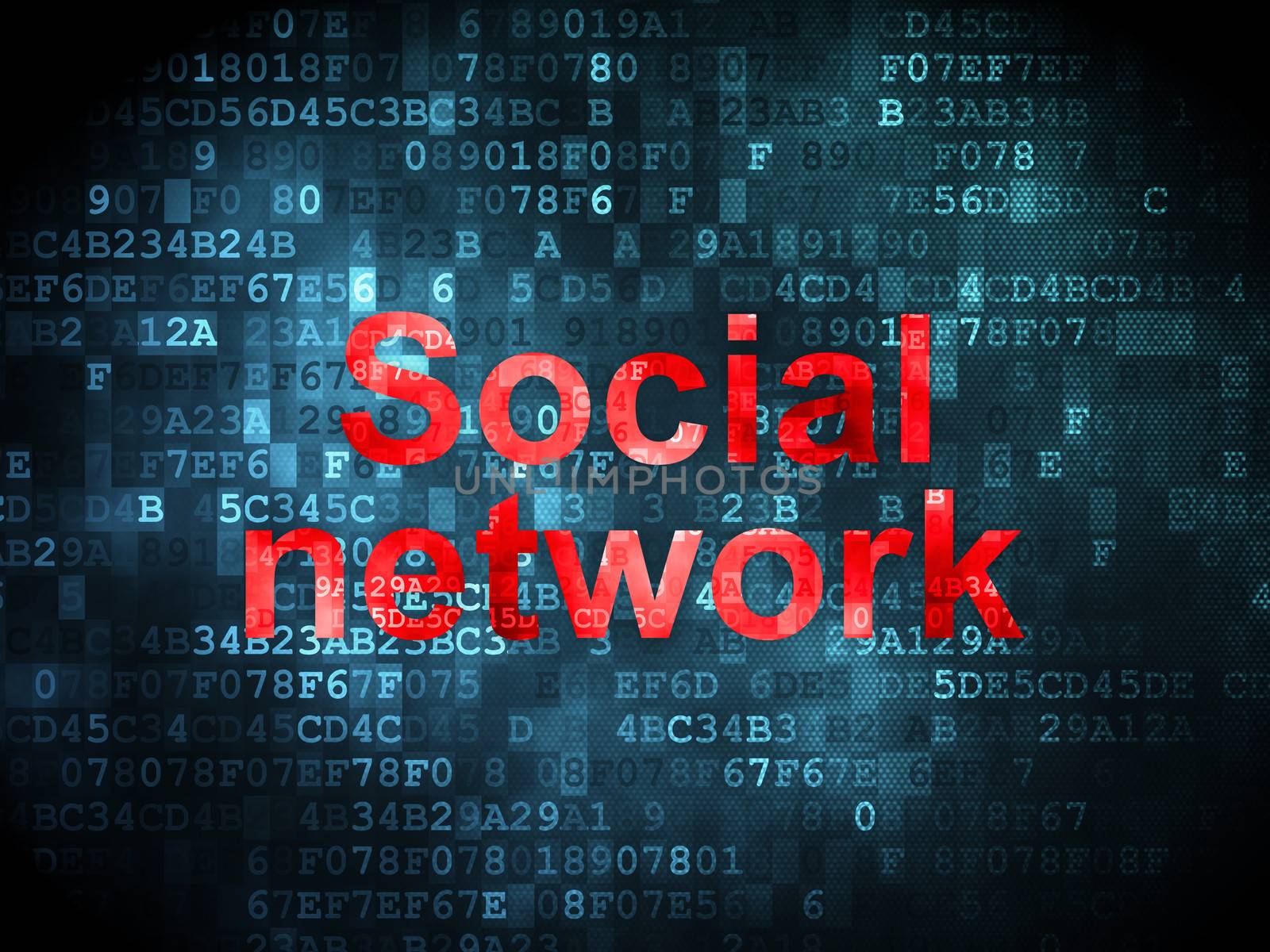 Social network concept: pixelated words Social Network on digital background, 3d render