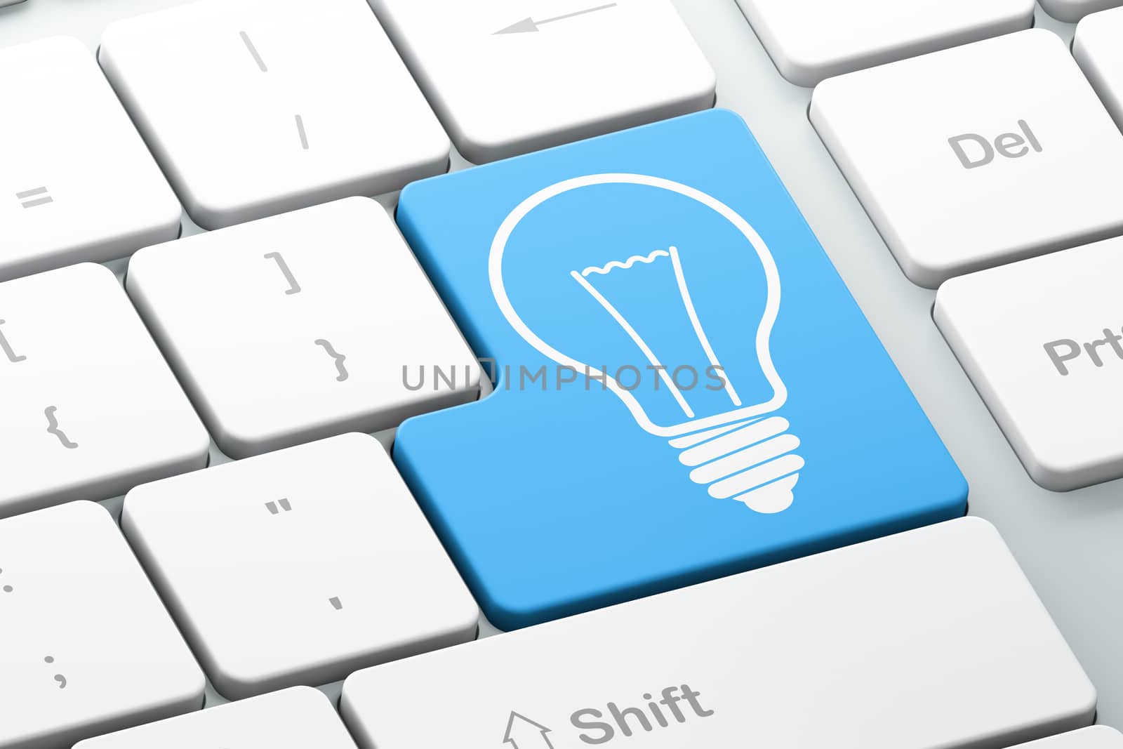 Finance concept: Enter button with Light Bulb on computer keyboard background, 3d render
