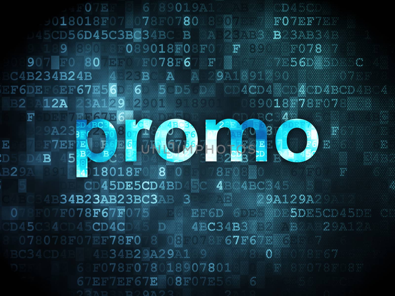 Advertising concept: pixelated words Promo on digital background, 3d render