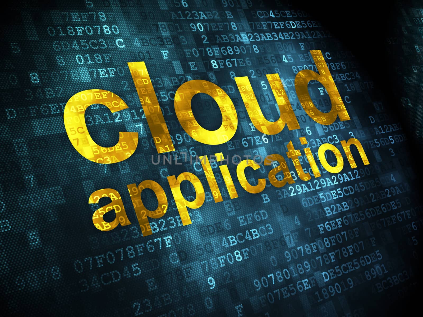 Cloud technology concept: pixelated words Cloud Application on digital background, 3d render