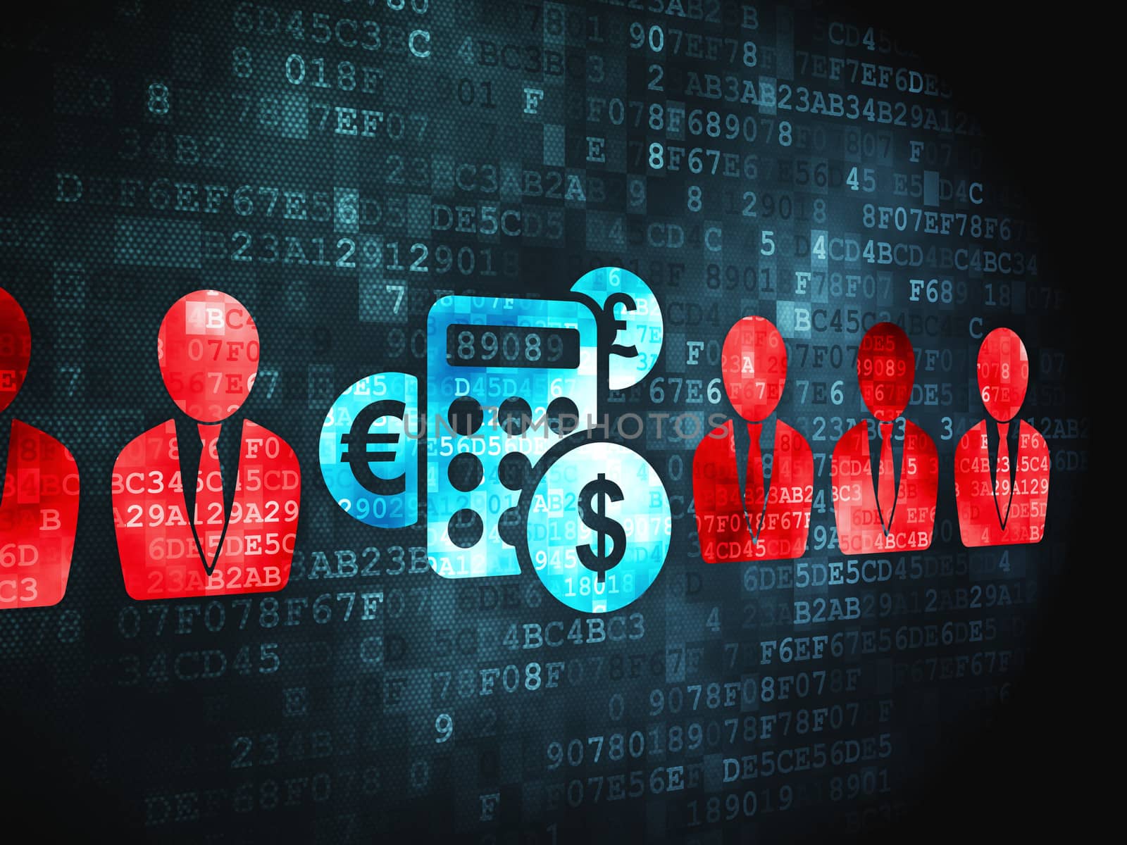 Privacy finance concept: pixelated Business Man And Calculator icon on digital background, 3d render