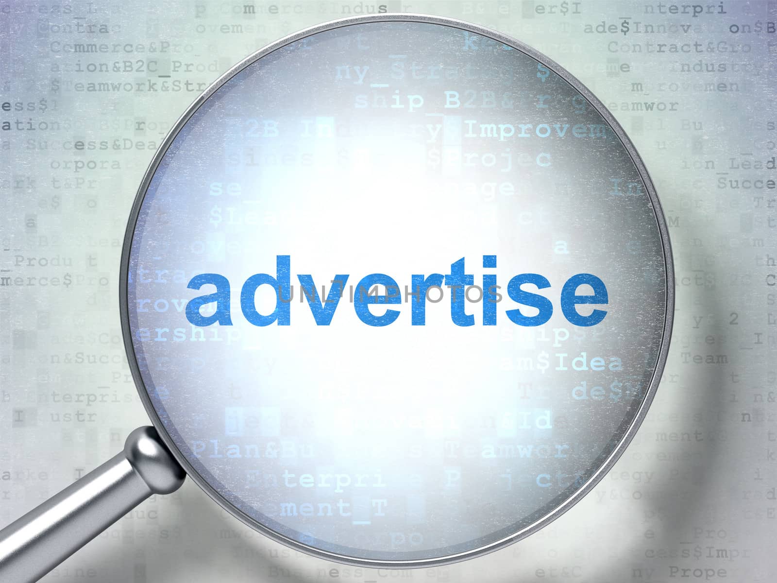 Magnifying optical glass with words Advertise on digital background, 3d render