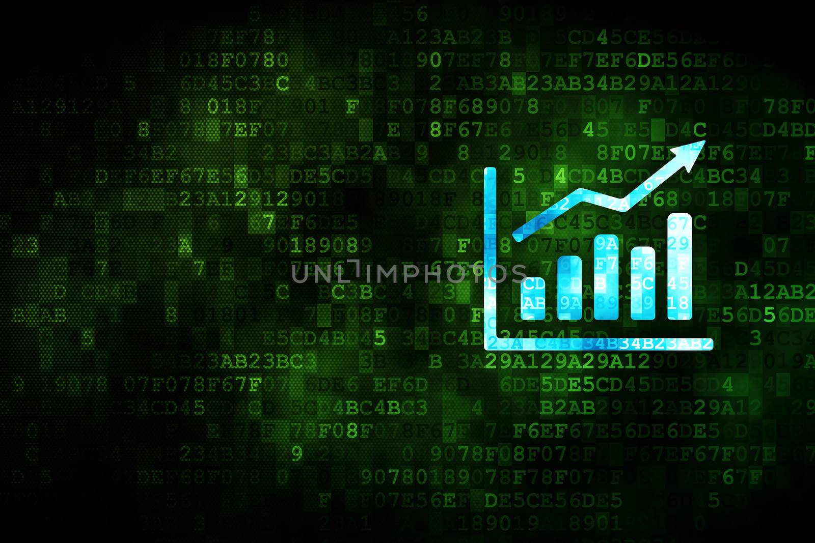 News concept: pixelated Growth Graph icon on digital background, empty copyspace for card, text, advertising, 3d render