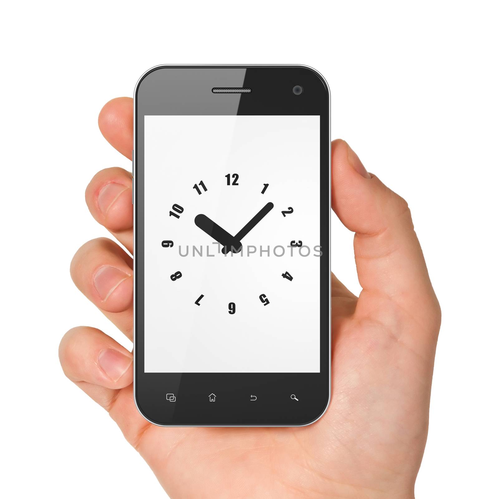 Timeline concept: hand holding smartphone with Clock on display. Generic mobile smart phone in hand on White background.