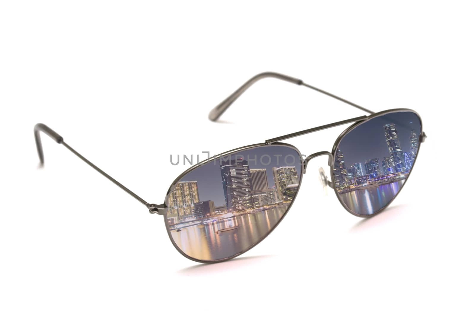 Sunglasses with night city scene in the lenses