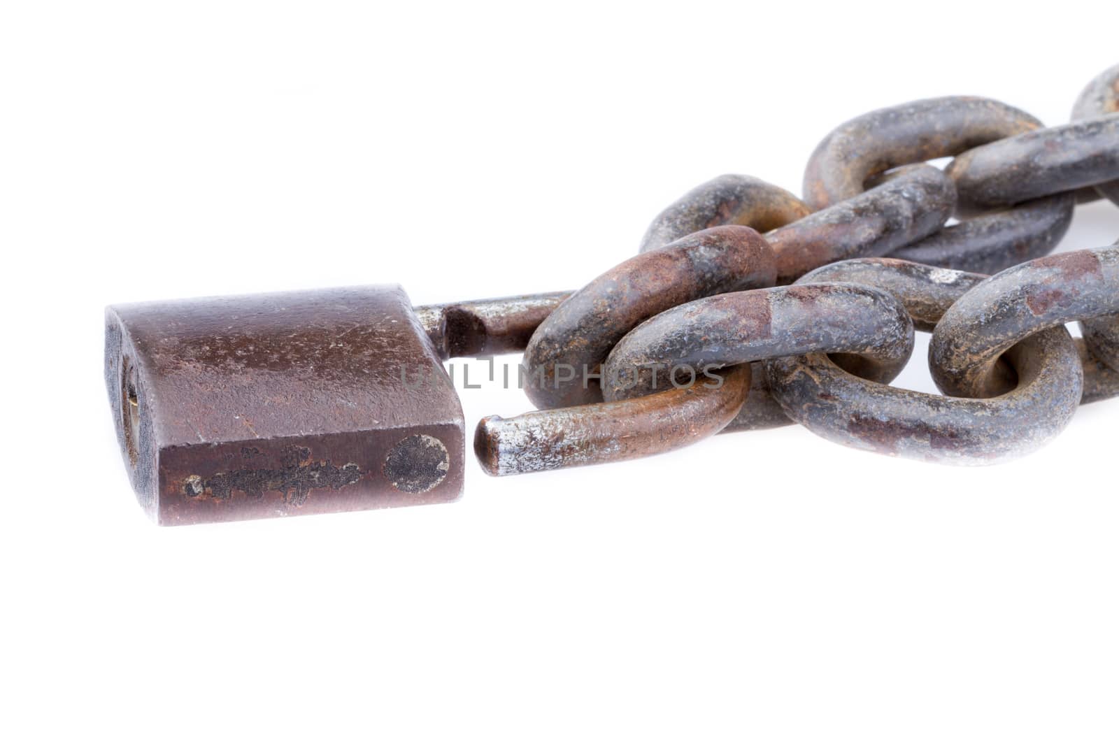 close-up chain and unlocked padlock on white background