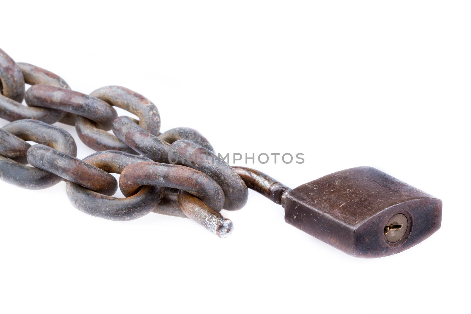 close-up chain and unlocked padlock on white background