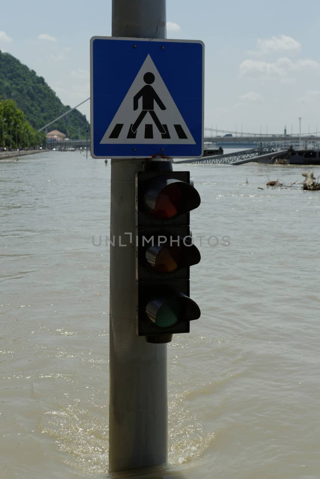 traffic light on flooding river