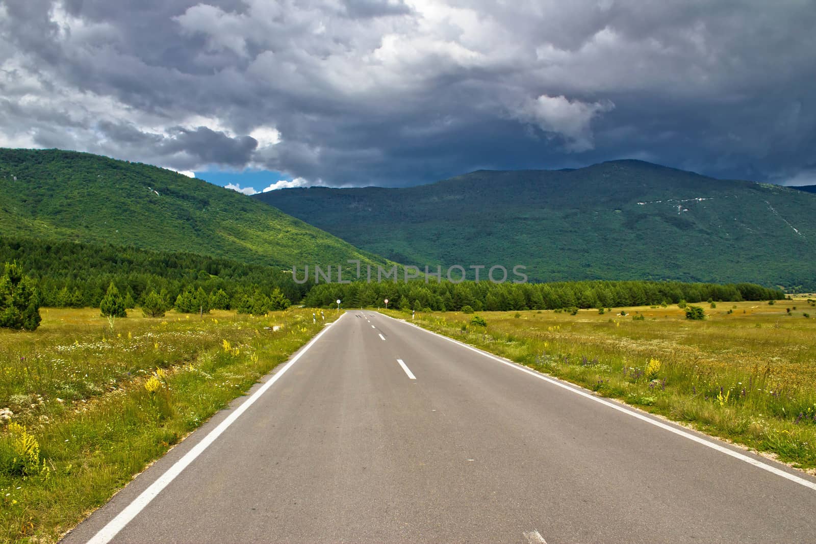 Scenic road in region of Lika landscapes, Croatia