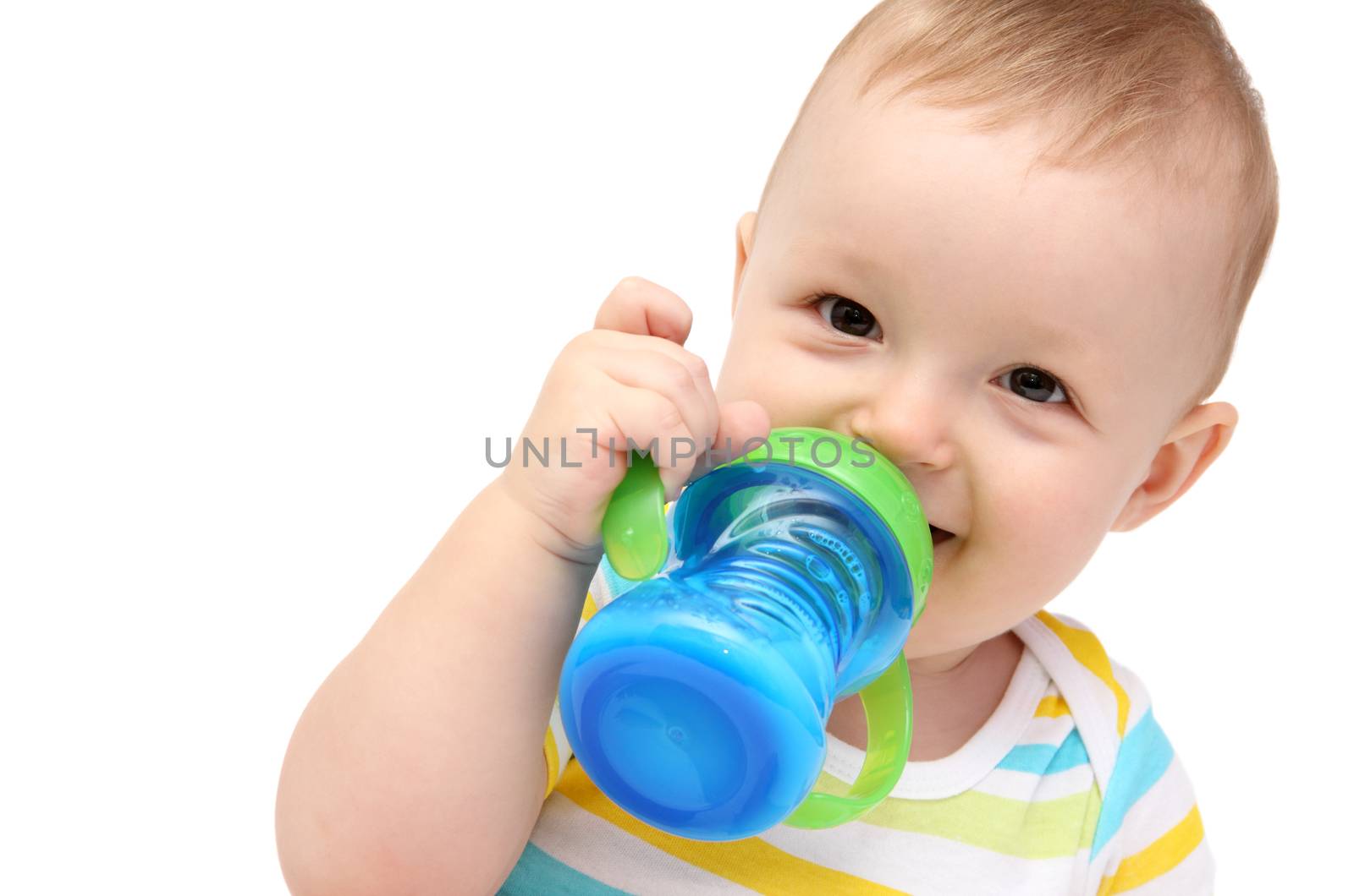 happy baby with milk bottle