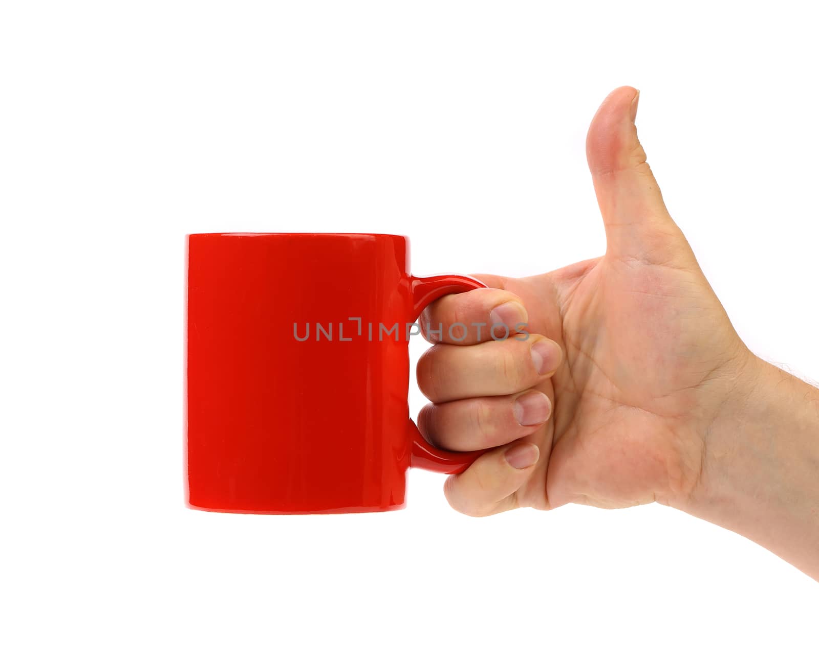Hand hold red mug. Isolated on a white background.