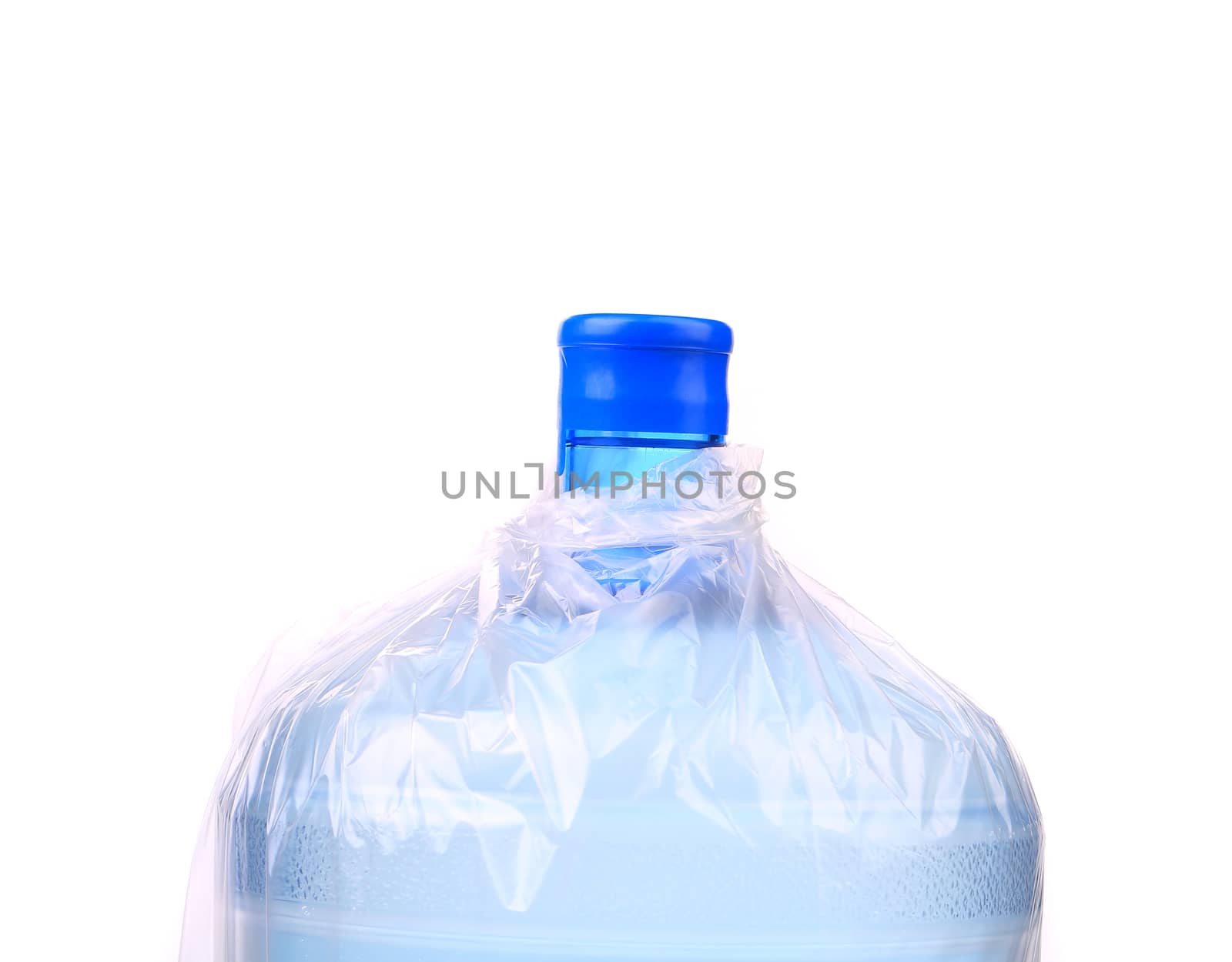 Bottle for cooler in plastic packet. White background.