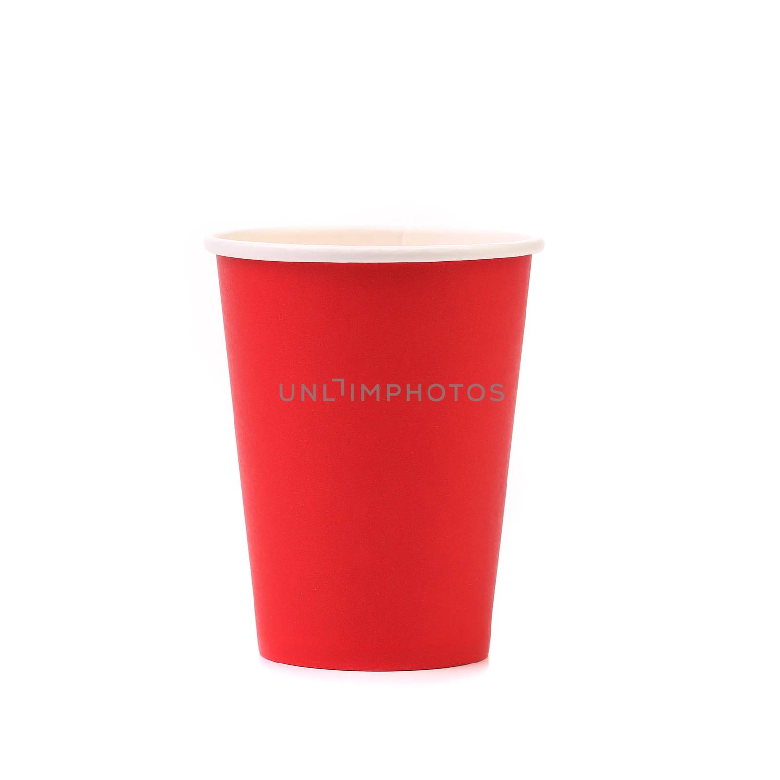 Colorful paper coffee cup. Close up. White background.