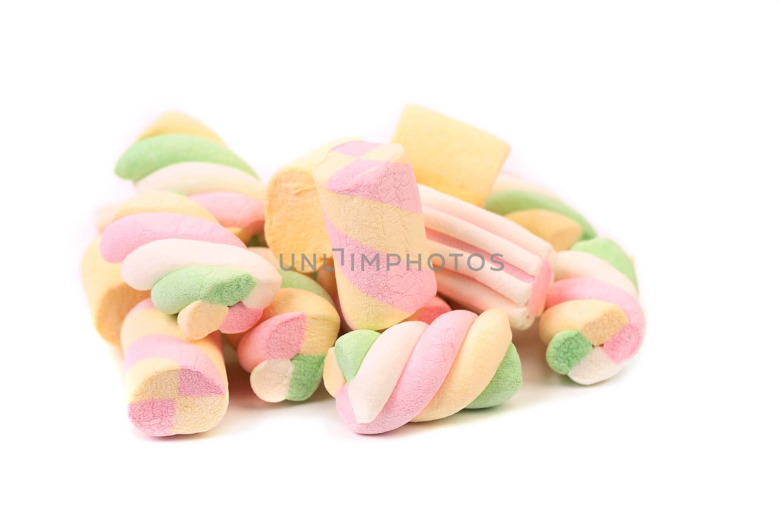 Different colorful marshmallow. Close up. White background.