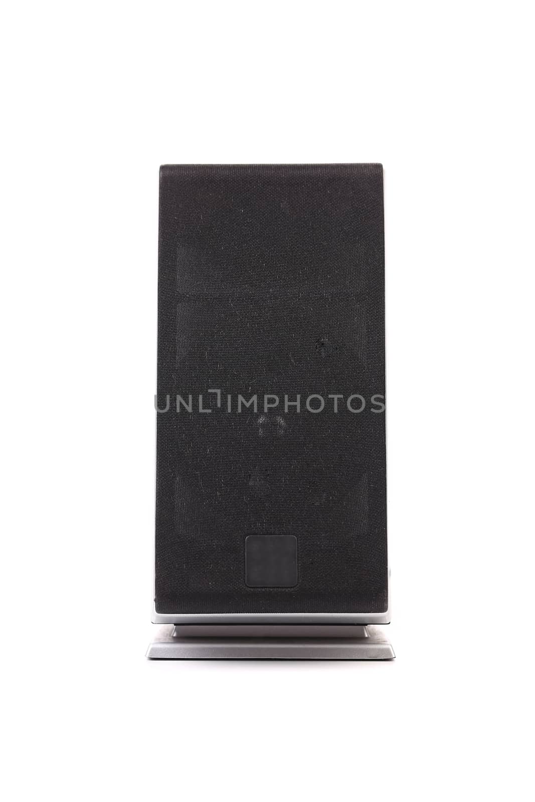 Black pc speaker on a white background.