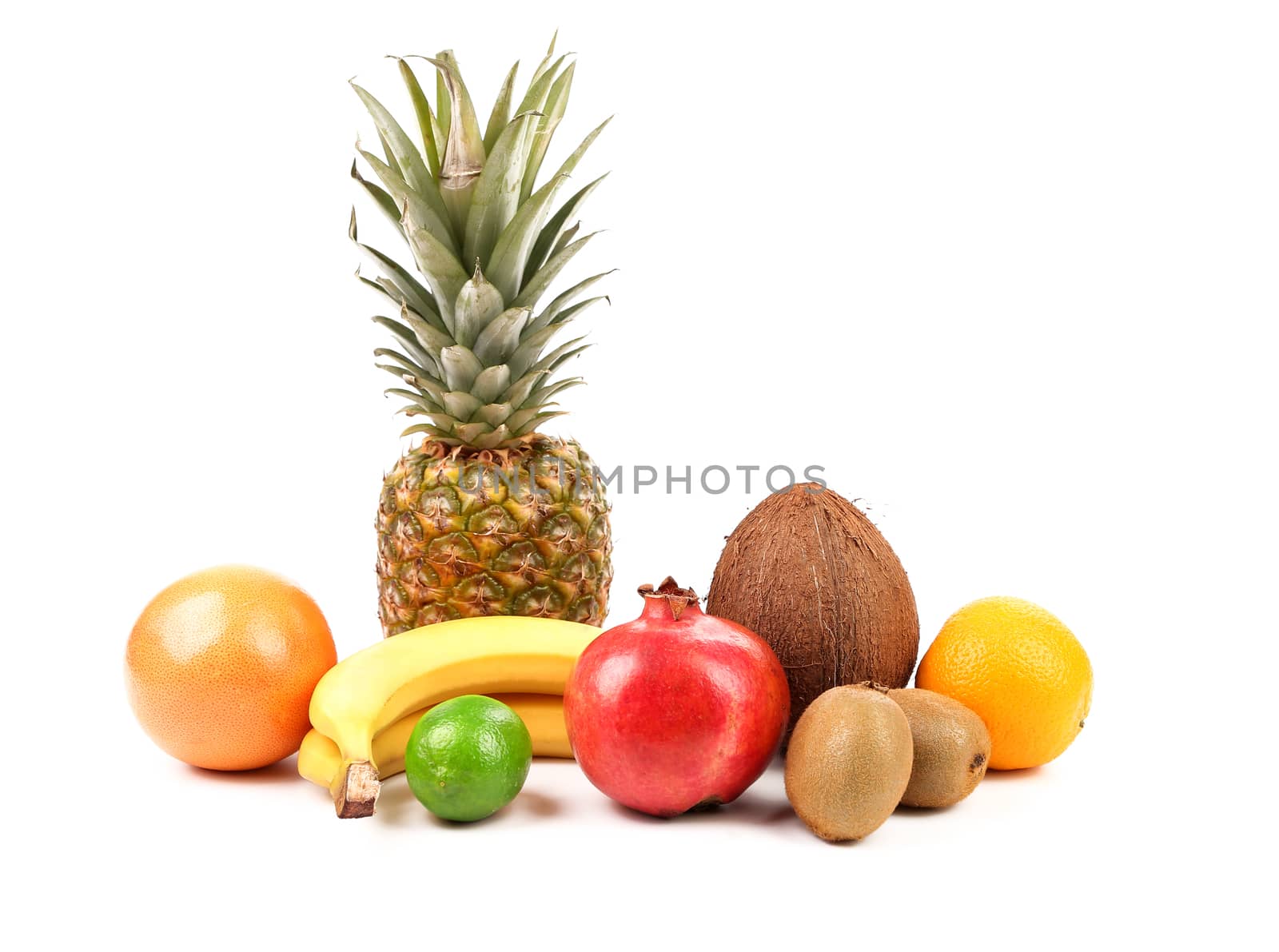 Fruits composition. Grapefruit, pineapple, bananas, pomegranate, orange, coconut, lime, lemon.