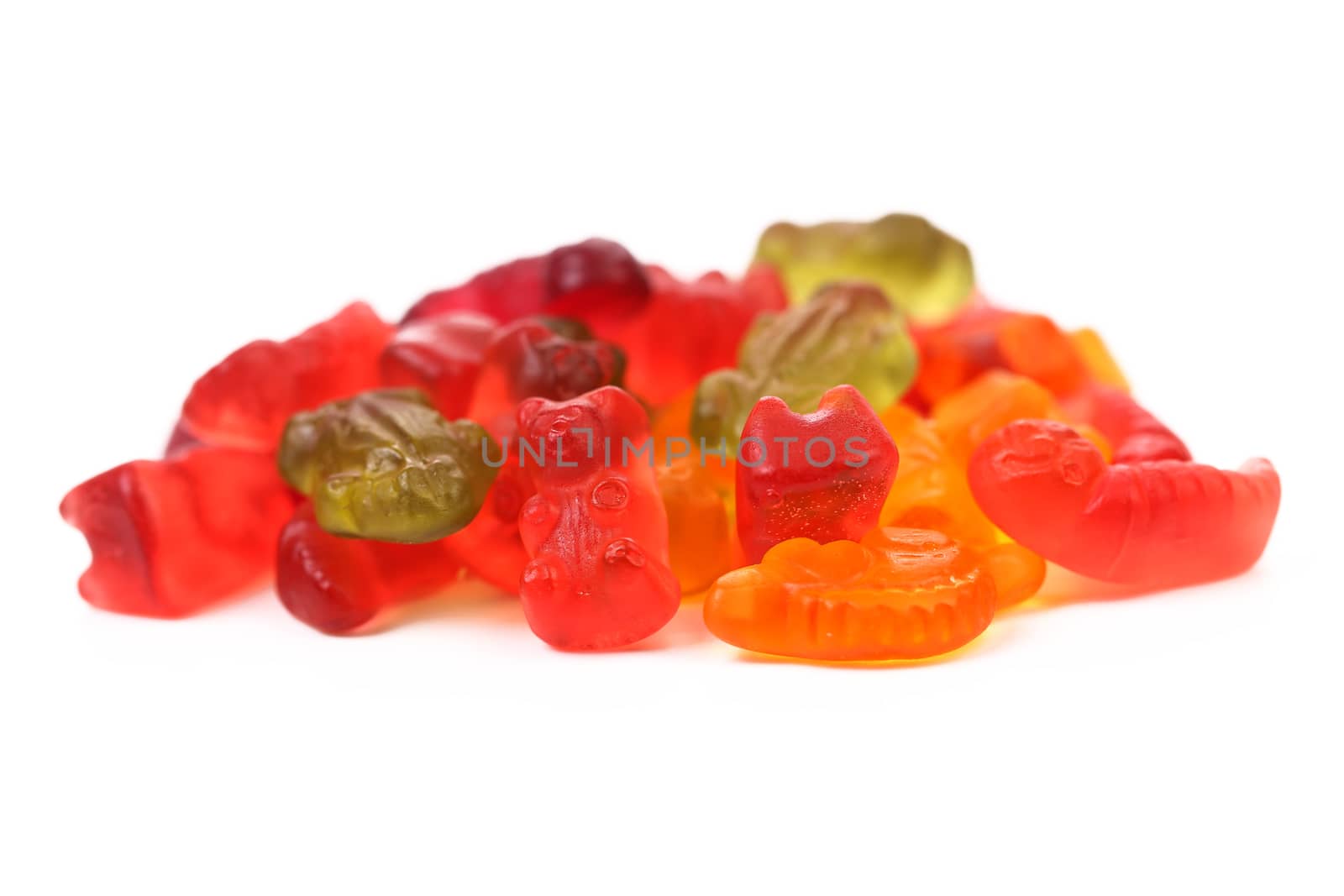 Heap of fruit jelly. White background. Close up.