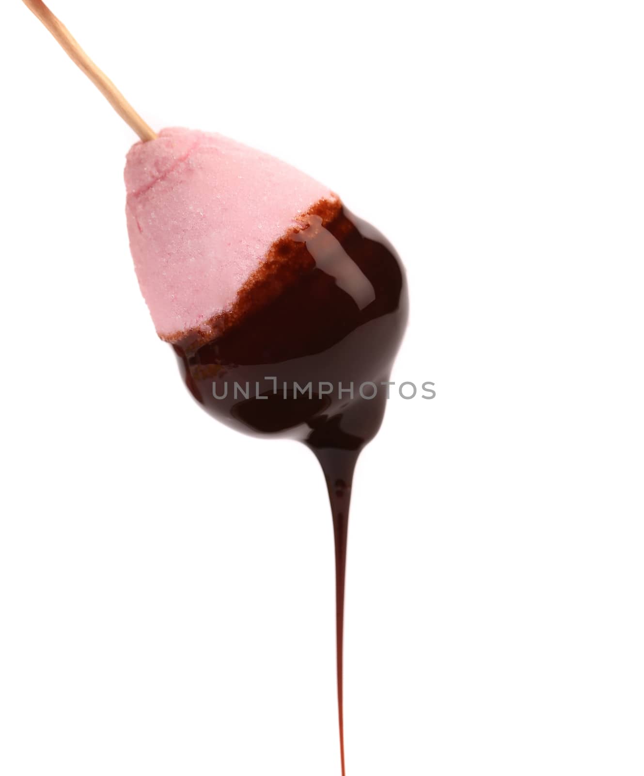 Marshmallow in chocolate syrop. Isolated. White background.