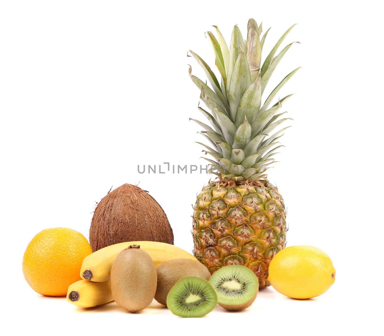Pineaplle, lemon, kiwi, bananas, coconut, orange. White background.