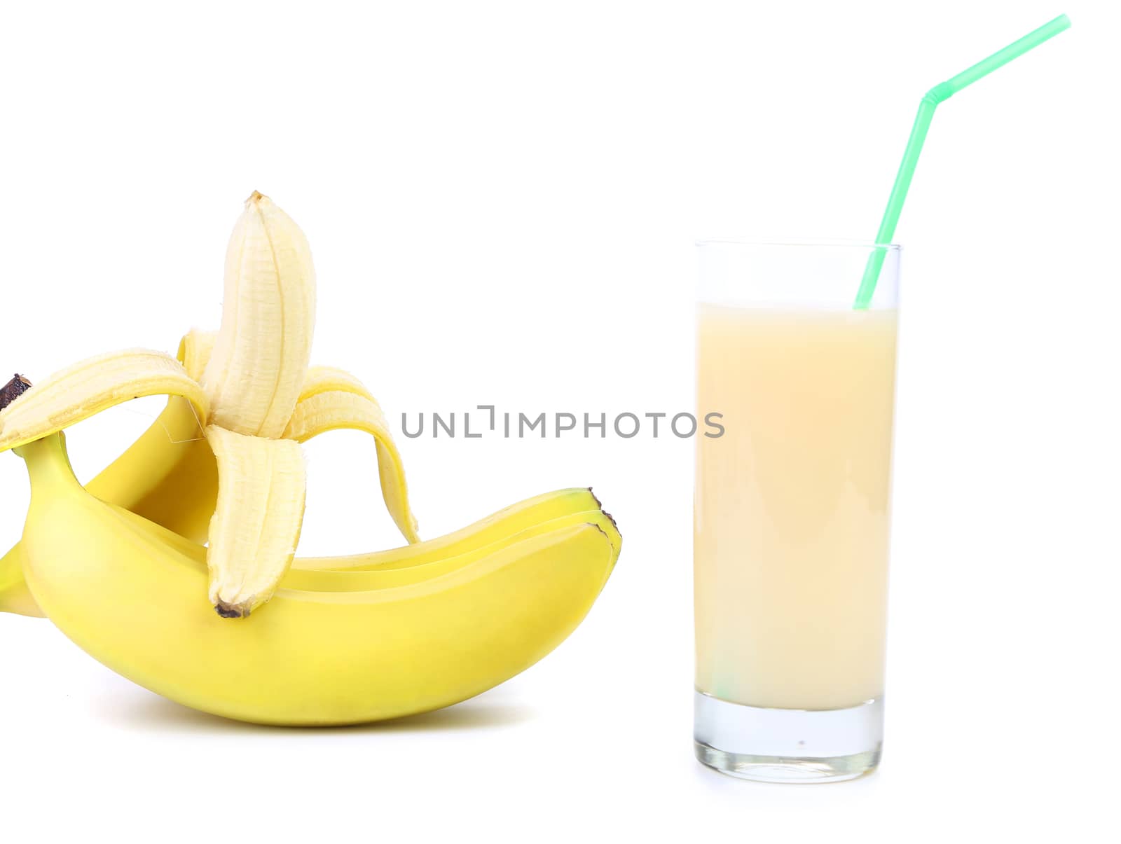 Opened banana and juice. Close up. White bacground.