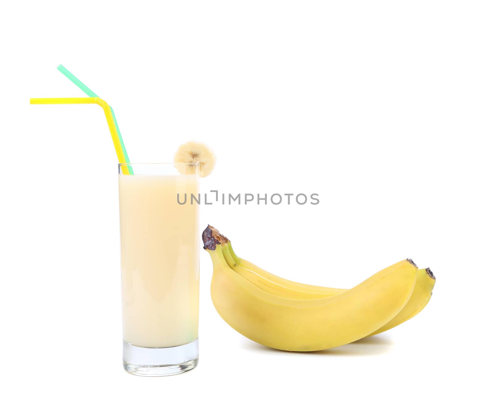Banana and juice. Close up. White bacground.
