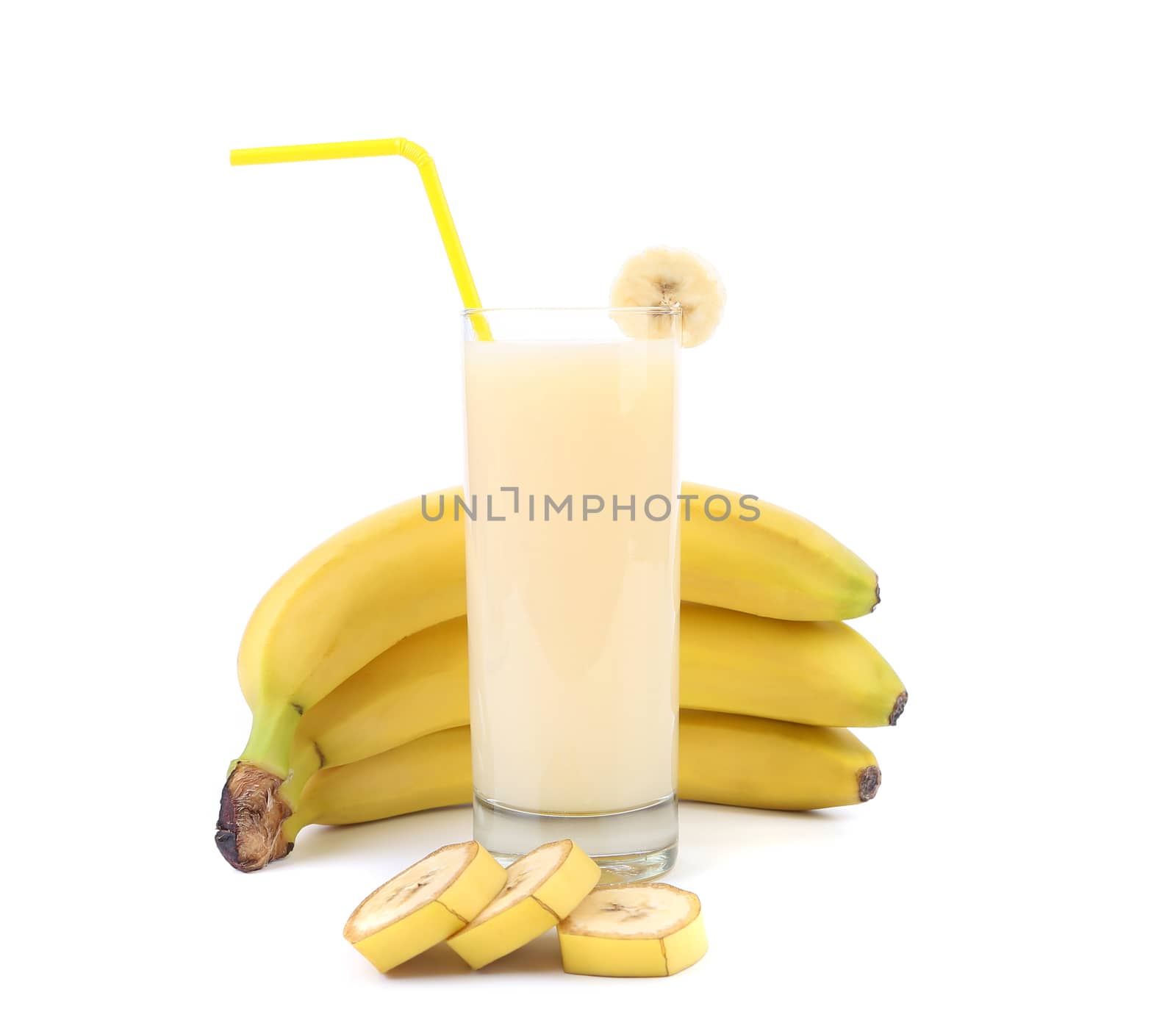 Banana and juice. Close up. White bacground.