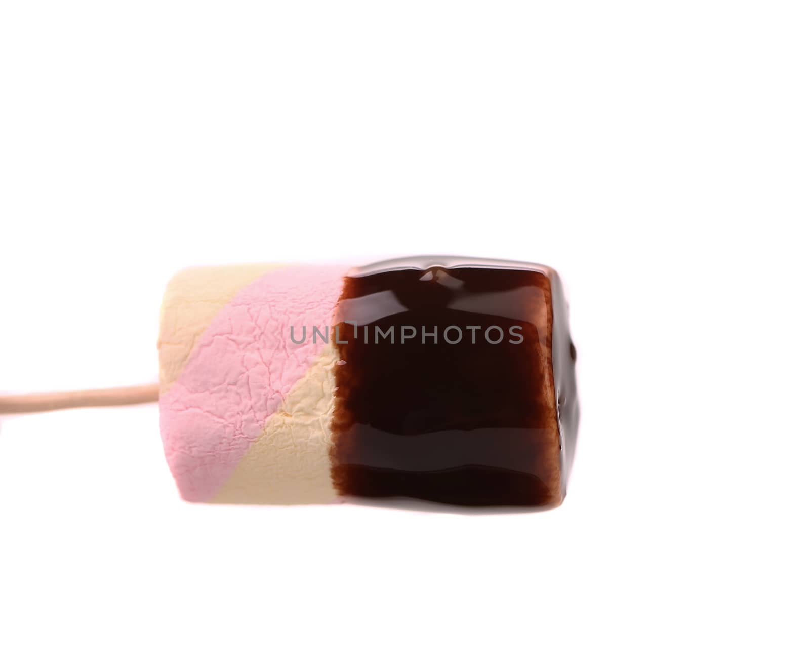 Marshmallow in chocolate syrop. Isolated. White background.