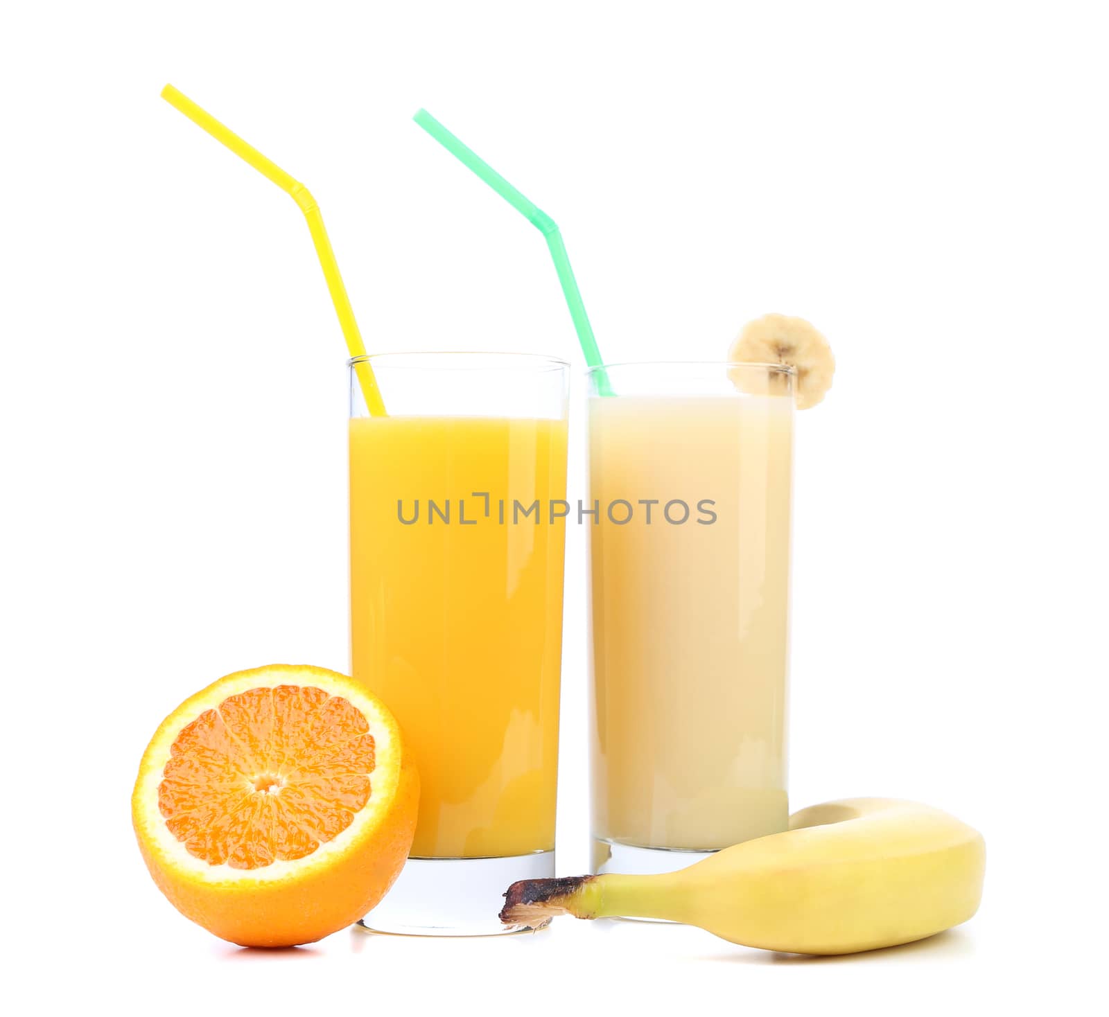 Juices of orange and banana. Fruits. White background.