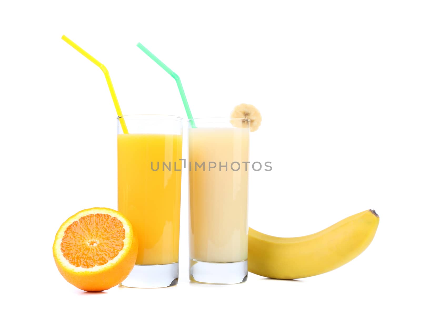 Juices of orange and banana. Fruits. White background.