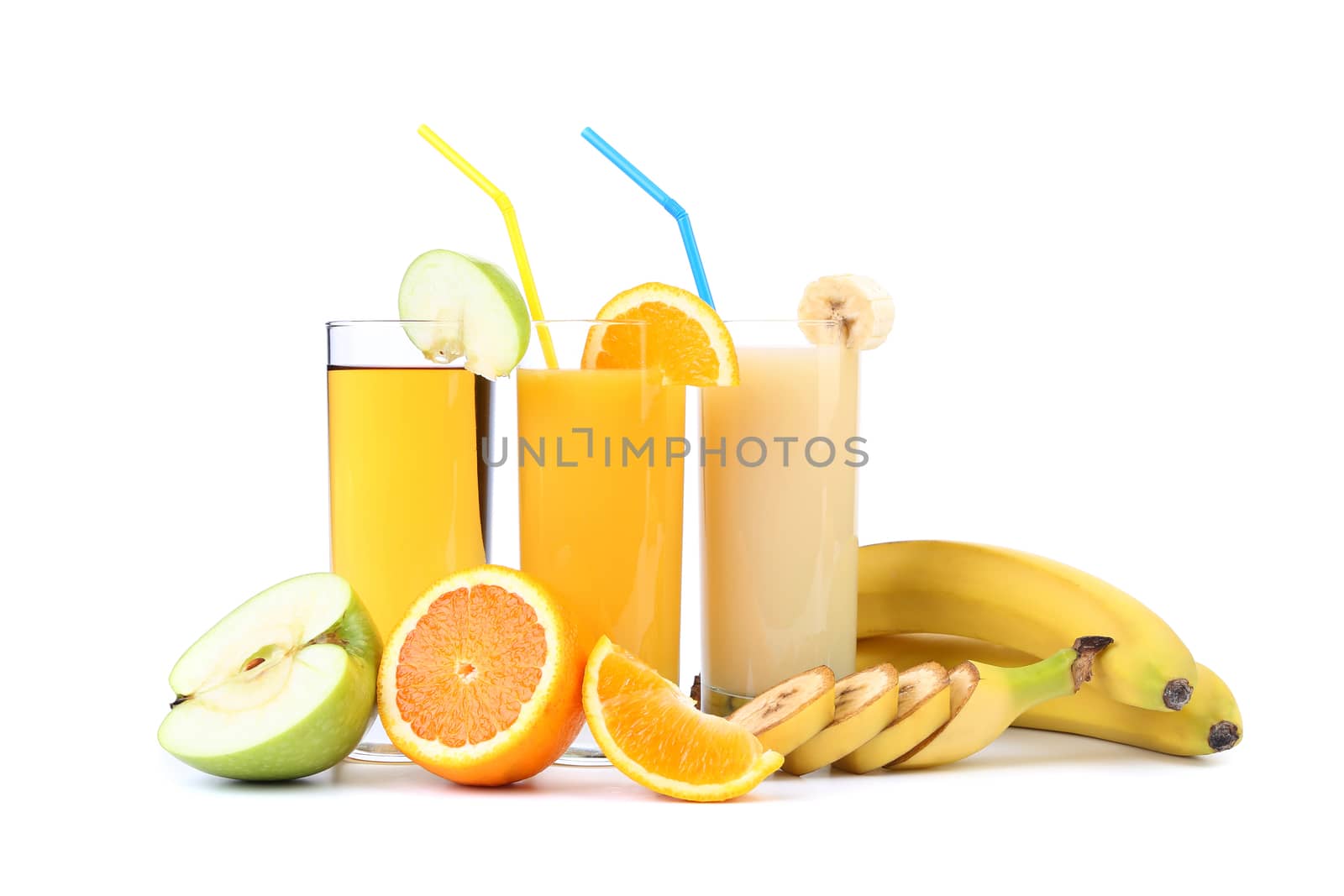Juices of apple, orange, banana. White background.