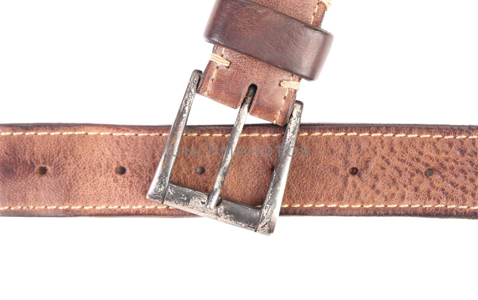 Fradment of brown belt and buckle. White background.