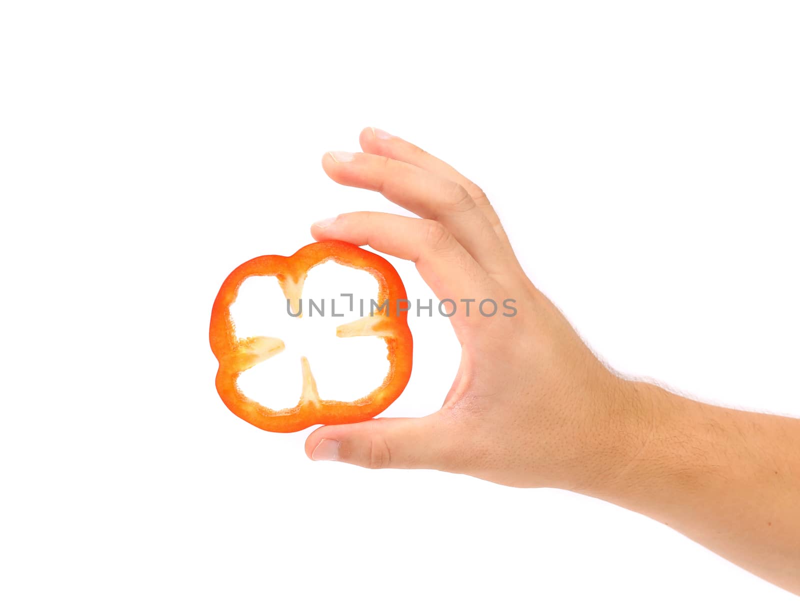 Hand holds slice of red pepper. White background.