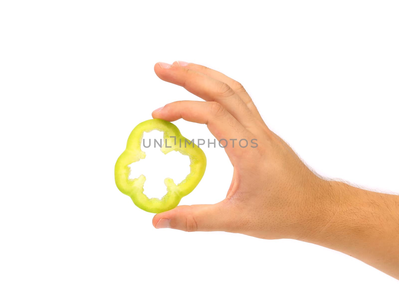 Hand holds slice of green pepper. White background.