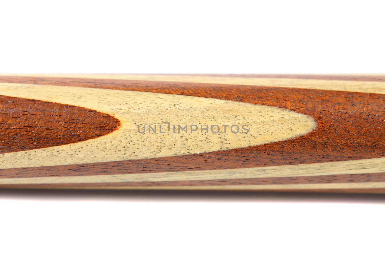 Close up of inlaid wooden cue. White background.