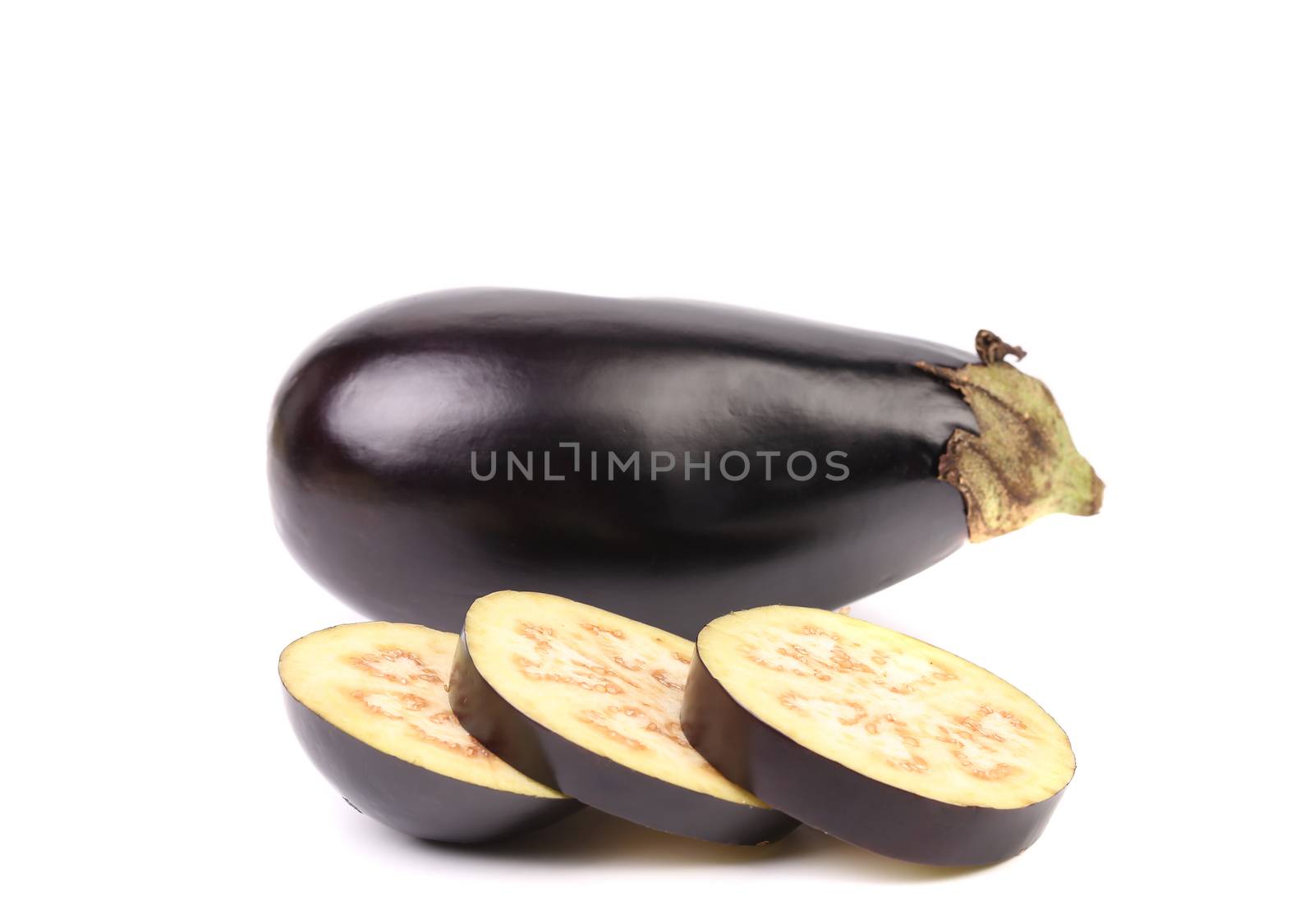 Slices of eggplant or aubergine vegetable on a white background