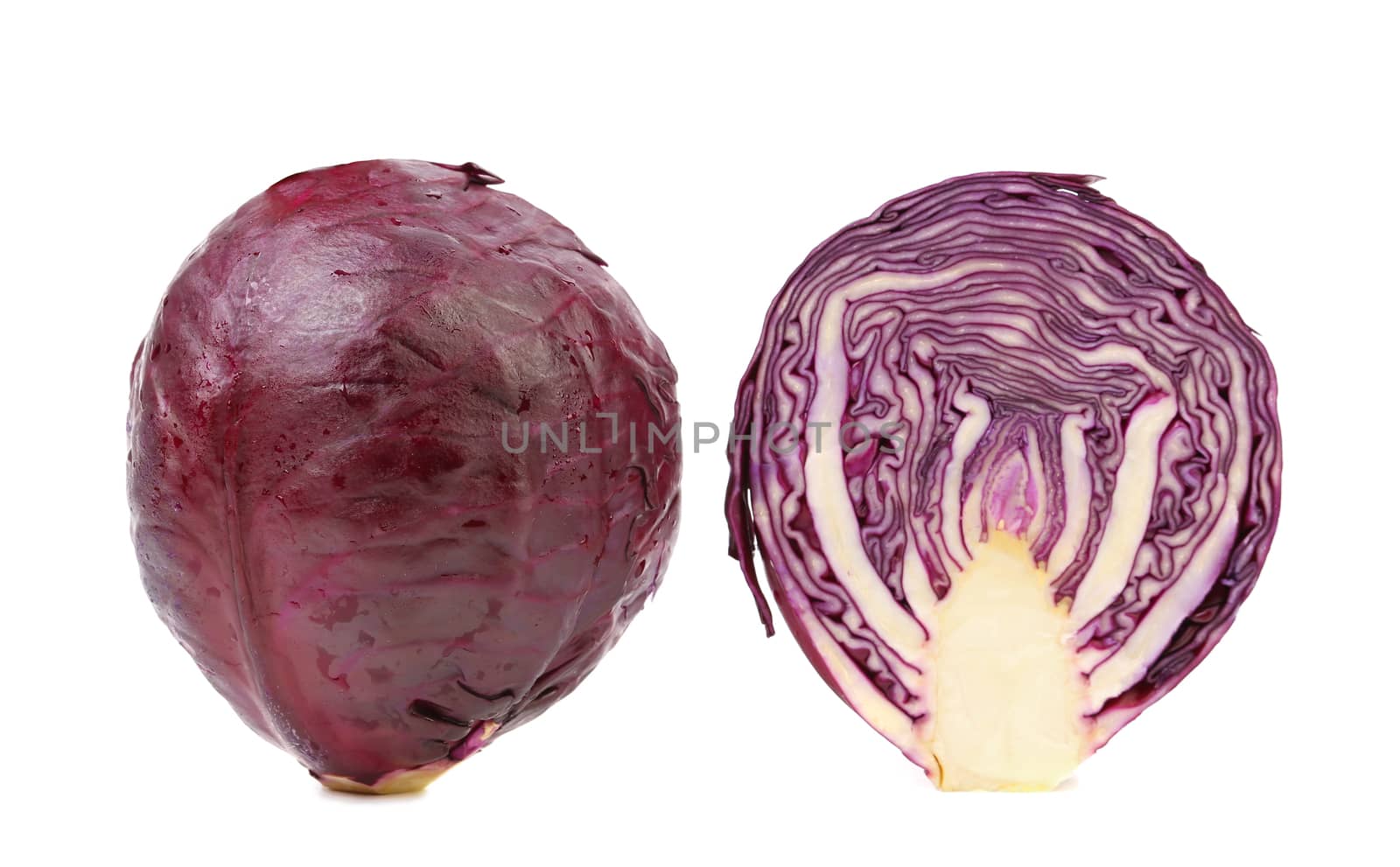 Red cabbage and slice isolated on a white background.