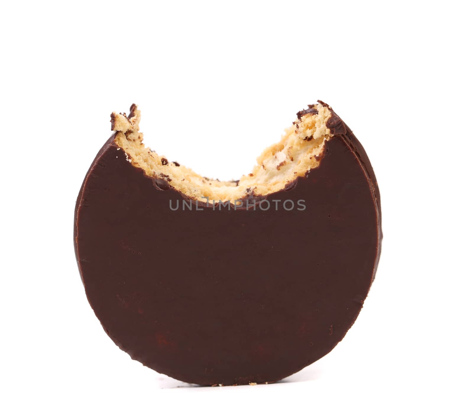 Bitten biscuit sandwich with chocolate. White background.
