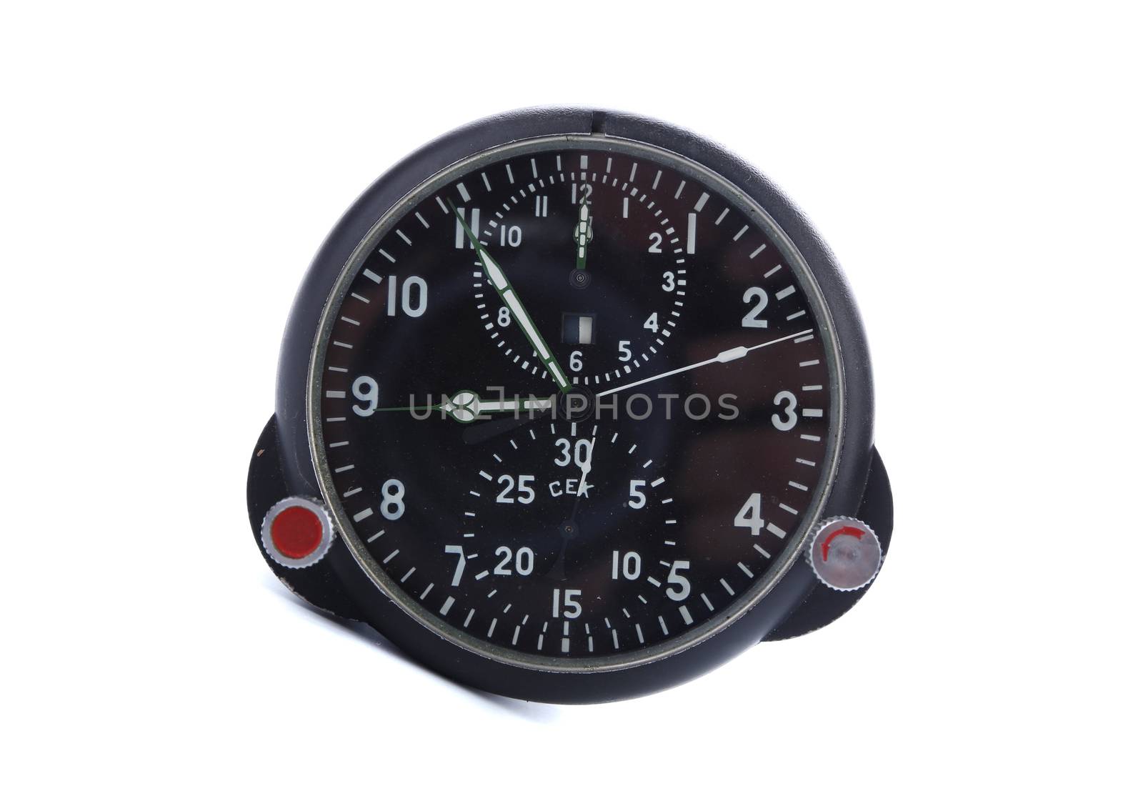 Old aircraft clock. Close up. White background.