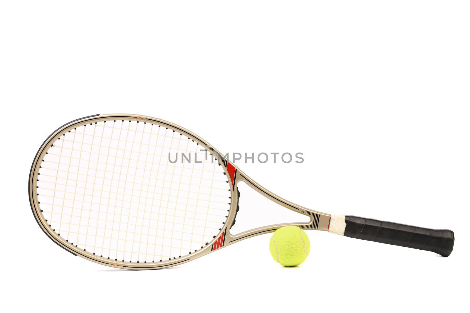 Gray tennis racket and yellow ball isolated white background