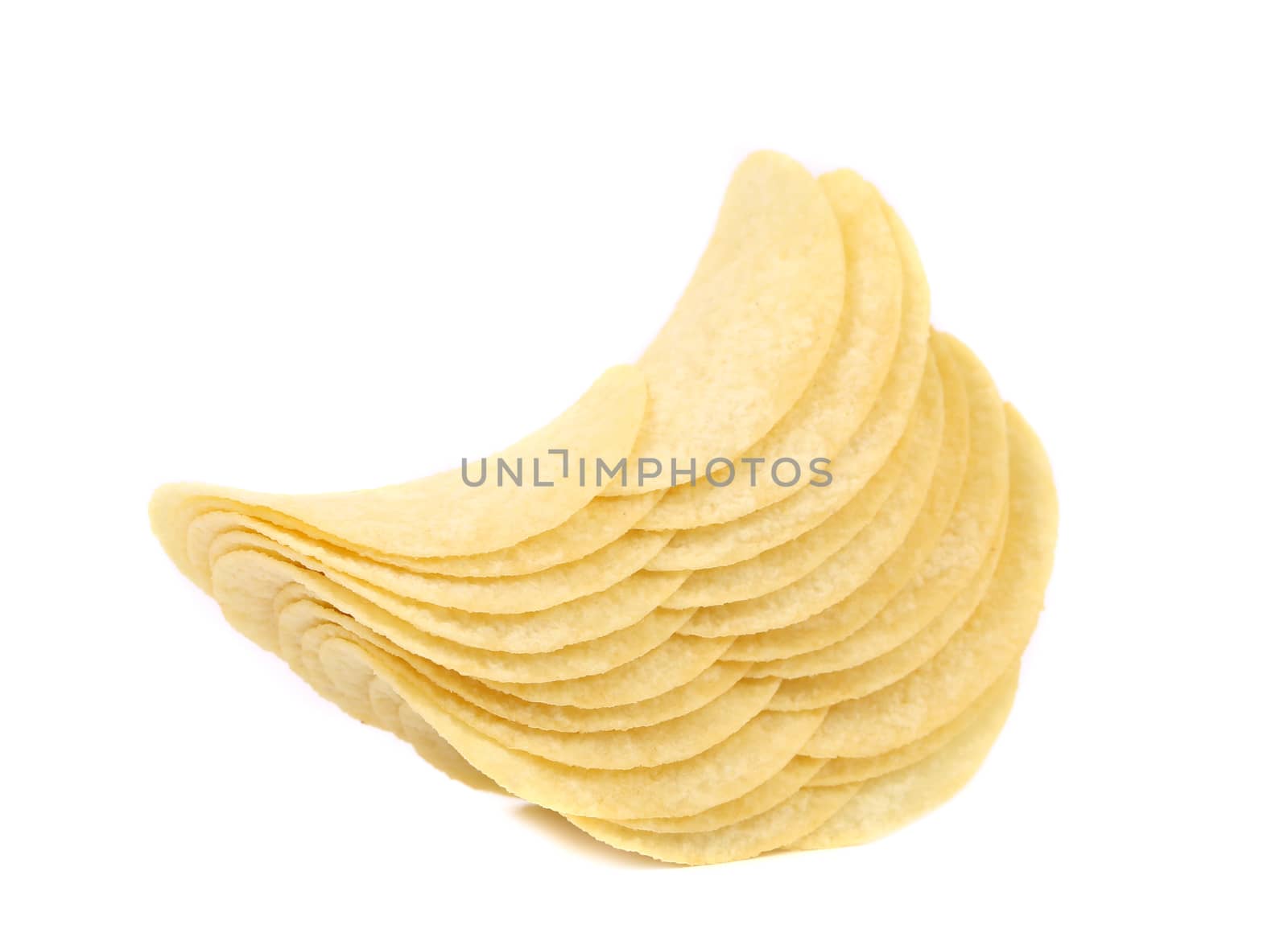 Stack of potato chips on a white background
