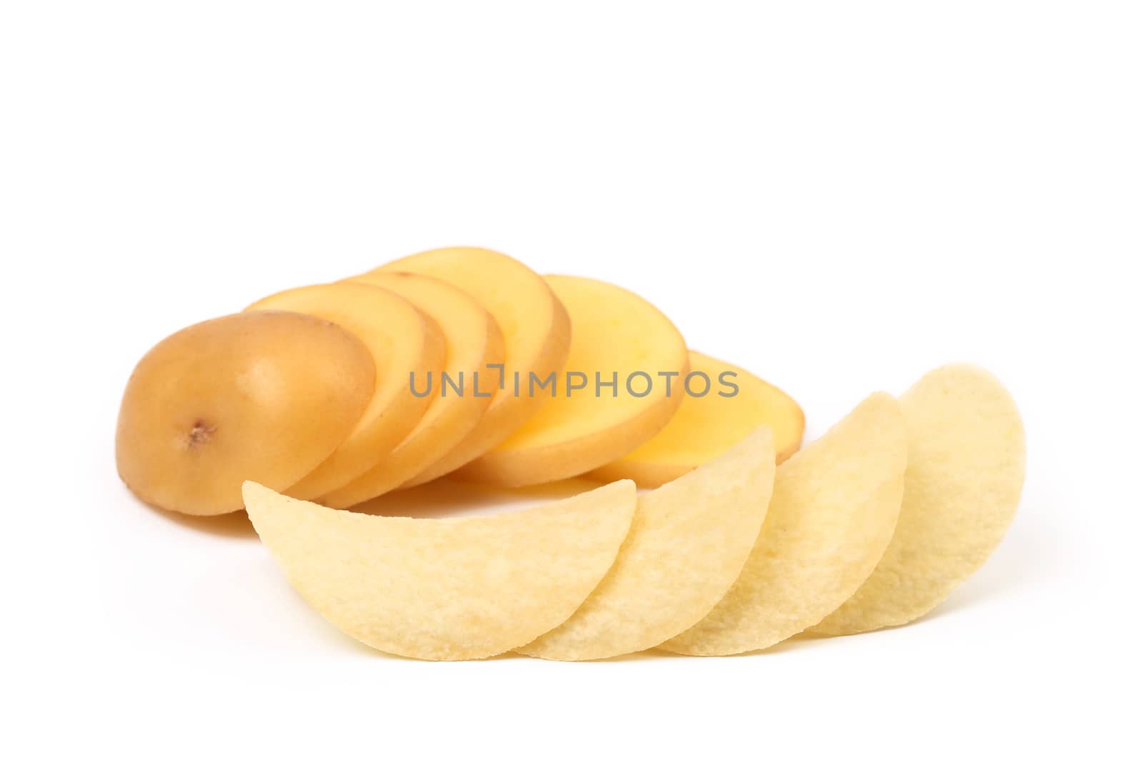 Slices of potatoes and chips. White background.